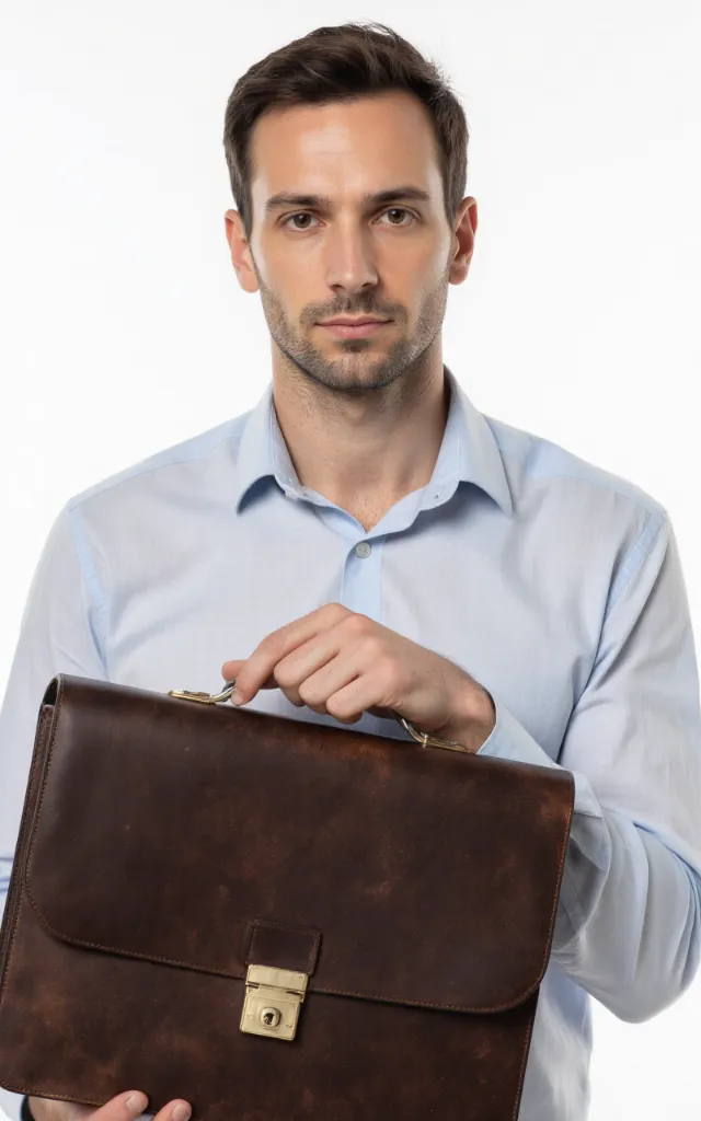 A French male model with a Briefcase with combination lock, wearing a shirt, against a white background, in a front   facing close   up